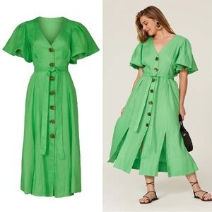 NICHOLAS • Troy Dress green linen midi puff sleeve tie waist button front